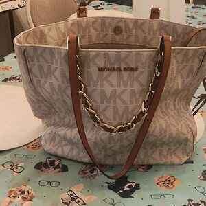 Michael Kors Beige and Brown Tote with Gold Chain